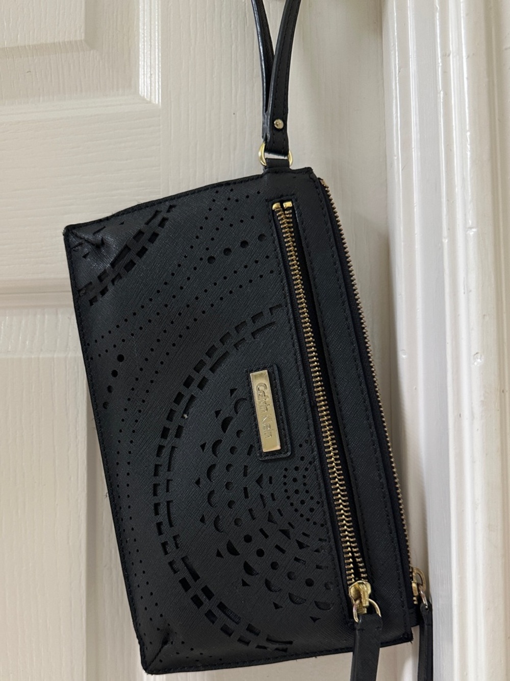 Calvin Klein Black Perforated Wristlet Clutch with Gold Hardware
